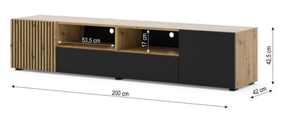 Auris tv-taso  tammi/musta 200x42x42 cm, ovilla ja vetolaatikoilla - Mööpeli.com