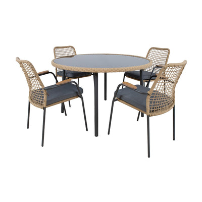 Brun parvekesetti, pöytä Ø 120 cm  ja 4 tuolia