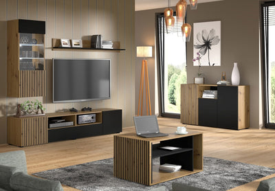 Auris tv-taso  tammi/musta 200x42x42 cm, ovilla ja vetolaatikoilla