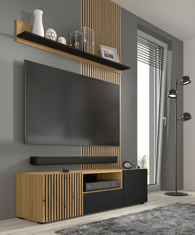 Auris tv-taso  tammi/musta 150x42x42 cm, ovilla ja vetolaatikoilla