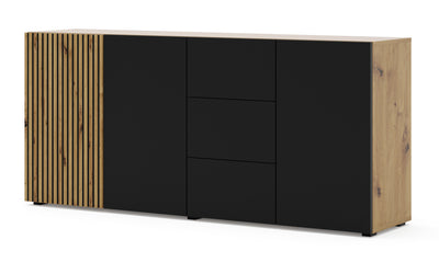 Auris senkki, tammi/musta 180x42x82 cm, ovilla ja vetolaatikoilla - Mööpeli.com