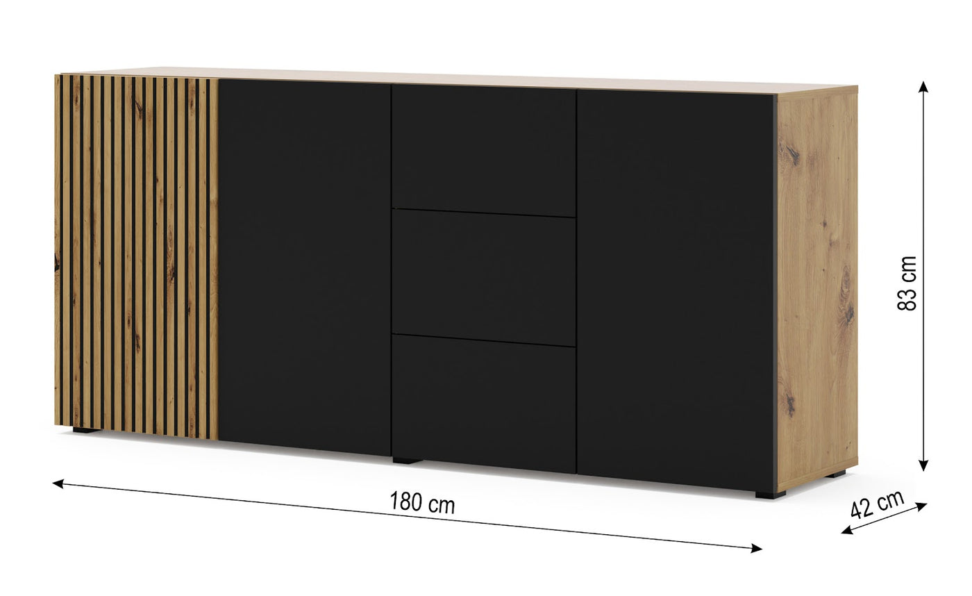 Auris senkki, tammi/musta 180x42x82 cm, ovilla ja vetolaatikoilla - Mööpeli.com